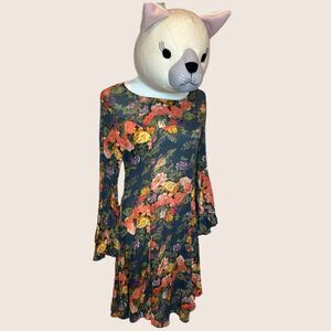 💐 VTG PAPILLION BLUE FLORAL BELL SLEEVE DRESS BOHO FLOWY MEDIUM